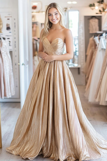 Pleated Gold Metallic Satin A Line Sweetheart Prom Dress
